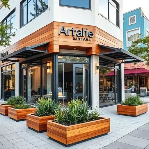 Modern storefront in Downtown Santa Ana with sleek glass facades, natural wood elements, and vibrant landscaping.
