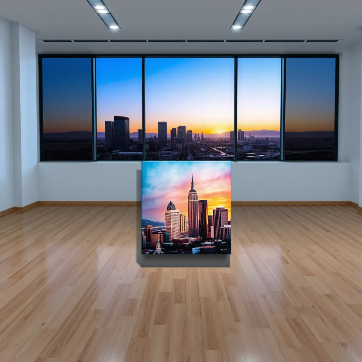 Painting of LA skyline at sunset with iconic landmarks, displayed in a modern gallery with bright lighting and city views.