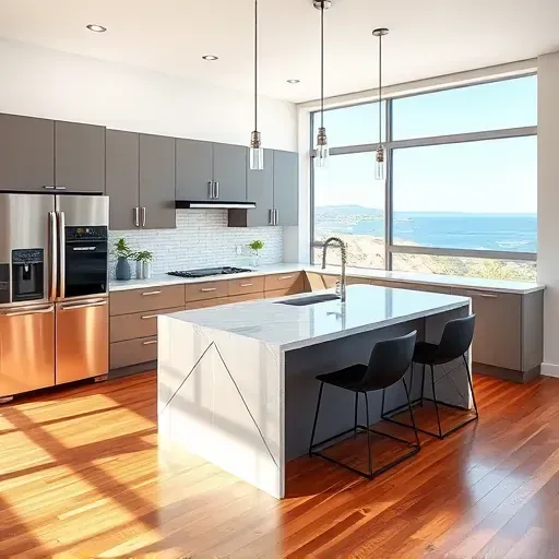 Modern Newport Heights kitchen with matte cabinets marble island stainless steel appliances coastal view hardwood flooring