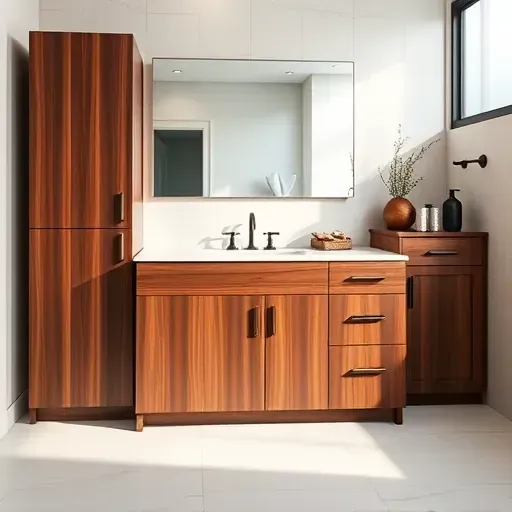 Luxurious modern Los Angeles bathroom with custom dark walnut cabinets, marble countertop, and minimalist decor
