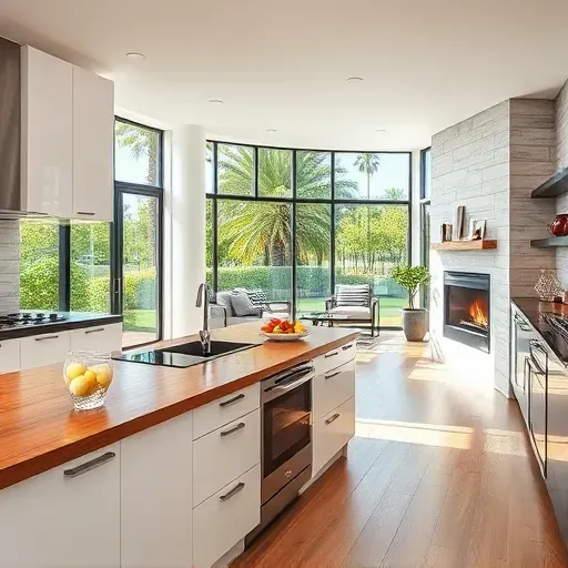 Modern Laguna Niguel kitchen with white cabinetry, wood countertops, stainless steel appliances, and lush green views.