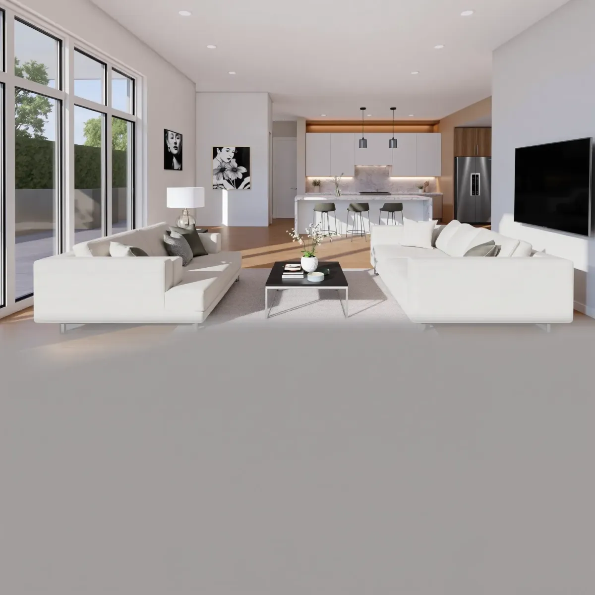 Modern South Coast Metro home with bright living room, sleek decor, high-end kitchen, lush backyard, and stylish outdoor patio.