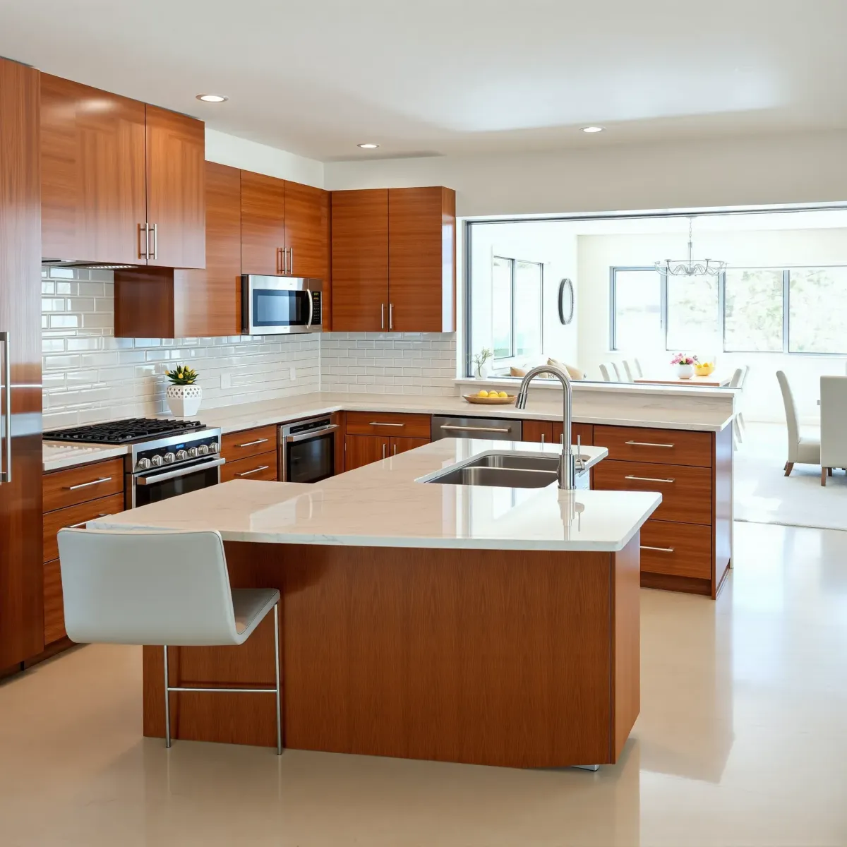 Modern Costa Mesa kitchen with matte cabinets, quartz countertops, stainless appliances, island, mosaic backsplash, and large windows.