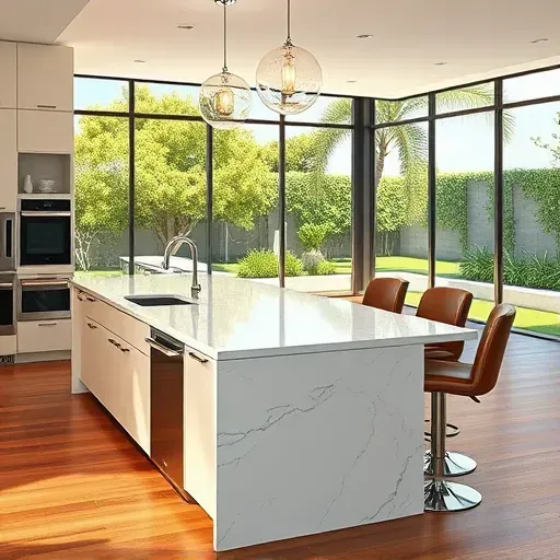 Modern LA kitchen with marble island, stainless steel appliances, pendant lights, and lush garden view
