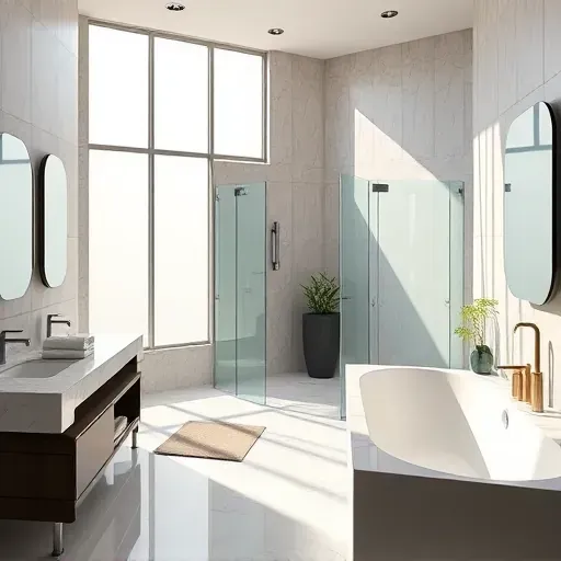 Renovated Los Angeles bathroom with modern fixtures, walk-in glass shower, freestanding tub, marble countertops, natural light.