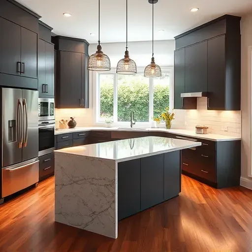 Renovated modern kitchen in French Park CA with sleek cabinets, granite island, stainless steel appliances, hardwood floors and garden view