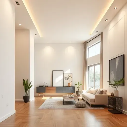 Renovated interior with seamless drywall, neutral tones, high ceilings, recessed lighting, large window, hardwood floors, minimalist decor, Los Angeles