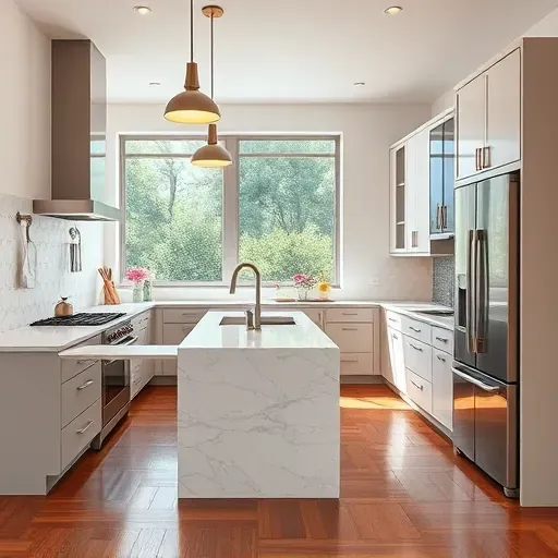 Recently remodeled Los Angeles kitchen with modern design, stainless steel appliances, marble island, hardwood floors, and natural light