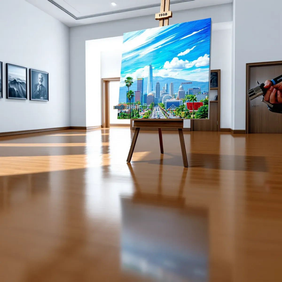 Painting of Los Angeles landmarks like Hollywood Sign and Santa Monica Pier displayed on an easel in a stylish gallery.