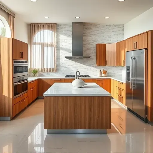 Renovated Aliso Viejo kitchen featuring modern cabinetry, marble island, stainless appliances, and polished stone flooring.