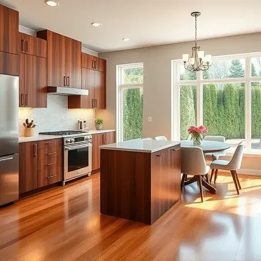Renovated kitchen in Windsor Village CA with walnut cabinetry, marble countertops, and modern stainless steel appliances.