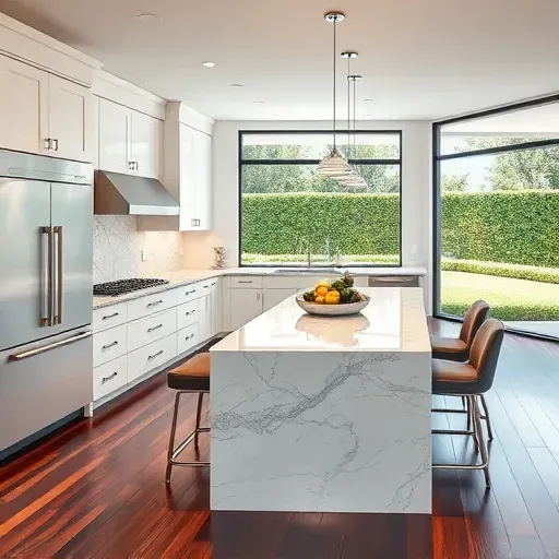 Modern kitchen remodel in Coto De Caza with white cabinets, gray marble countertops, and elegant hardwood floors.