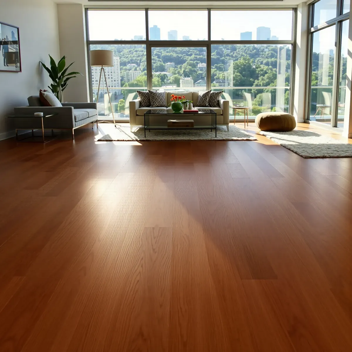 Modern LA living room with warm hardwood flooring, city skyline views, minimal furniture, and elegant decor accents.