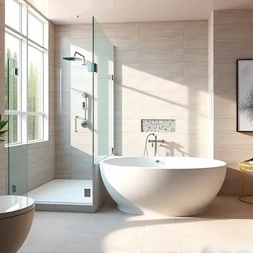 Renovated Los Angeles bathroom with frameless glass shower, deep soaking tub, neutral tiles, natural light, and modern design