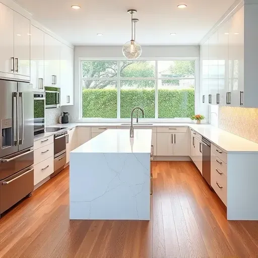 Modern remodeled kitchen in West Grove Valley with white cabinetry, stainless steel appliances, quartz countertops, geometric backsplash, hardwood floors, and abundant natural light