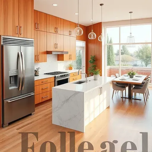 Recently remodeled modern kitchen in East Garden Grove CA with warm wood cabinets stainless steel appliances quartz countertops island pendant lighting backsplash hardwood floors and natural light
