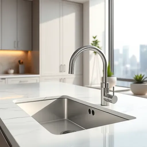Modern kitchen sink and faucet set with stainless steel and porcelain finishes in a bright, stylish Los Angeles home.