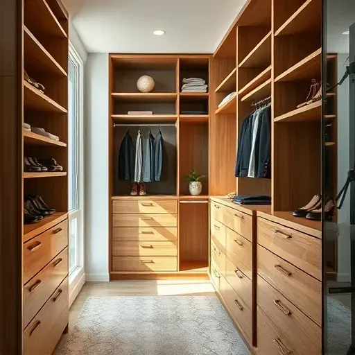 Modern Los Angeles custom closet with polished wood shelves and organized clothing, shoes, and accessories.