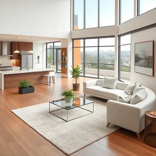 Elegant modern living room in Newport Heights with high ceilings, large windows, and sleek contemporary furniture.