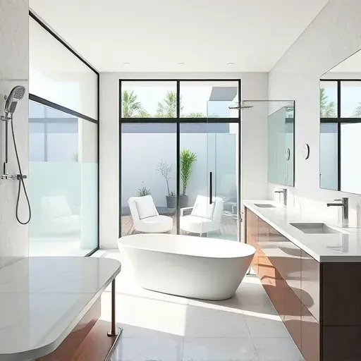 Modern Los Angeles bathroom with freestanding tub, glass shower, marble counters, natural light, and stylish coastal decor