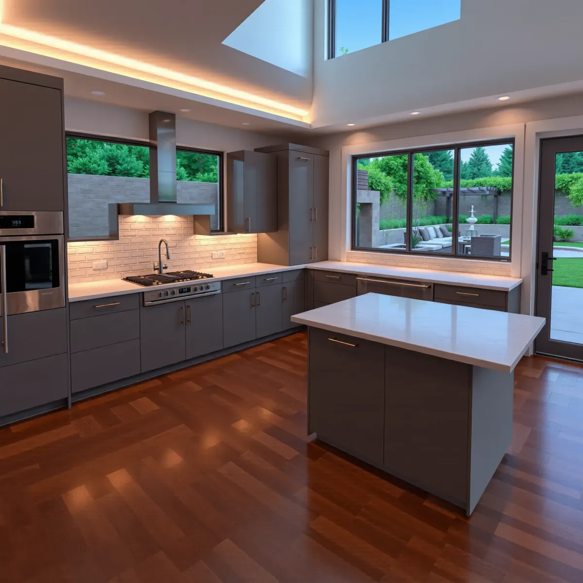 Modern Irvine kitchen remodeling with sleek cabinetry, white quartz countertops, stainless steel appliances, and abundant natural light.