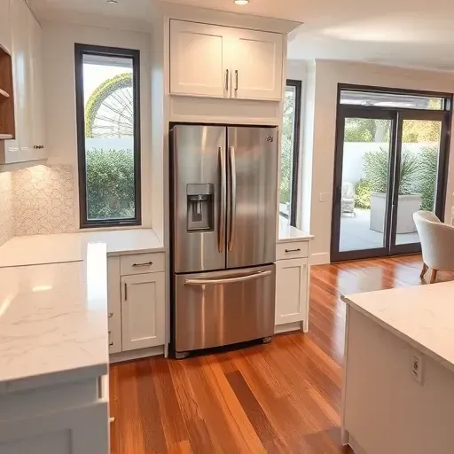 Modern Los Angeles kitchen with seamless stainless steel refrigerator, marble countertops, sleek backsplash, and lush garden view