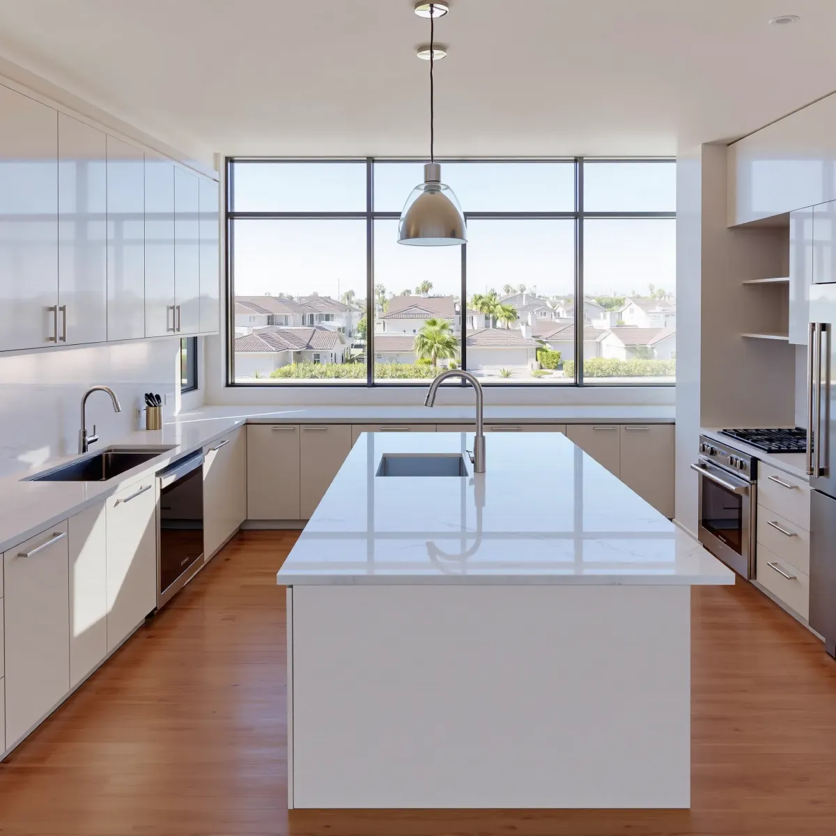 Contemporary Los Angeles kitchen with sleek cabinets, marble island, stainless appliances, hardwood floors, and modern design.