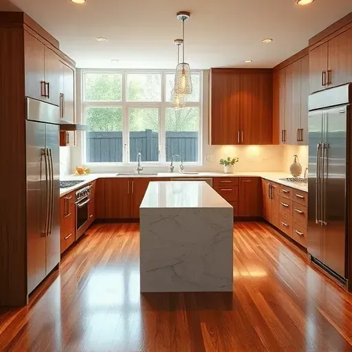 Remodeled Irvine kitchen with granite countertops stainless steel appliances custom wood cabinets marble island hardwood floors large windows lush backyard