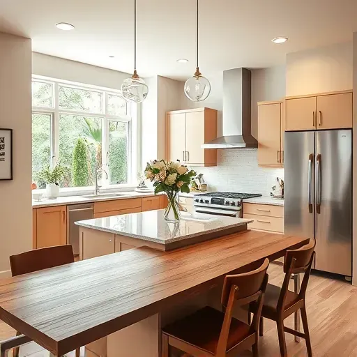 Contemporary kitchen remodel in Riverview East CA with sleek cabinetry, granite island, and elegant lighting.