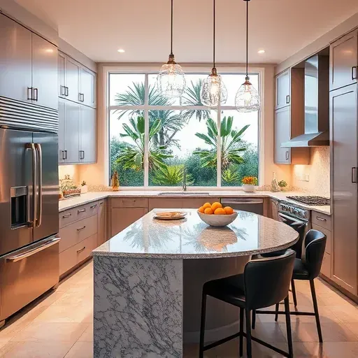 Modern kitchen remodel in Costa Mesa features sleek stainless appliances, granite countertops, custom cabinetry, and warm lighting.