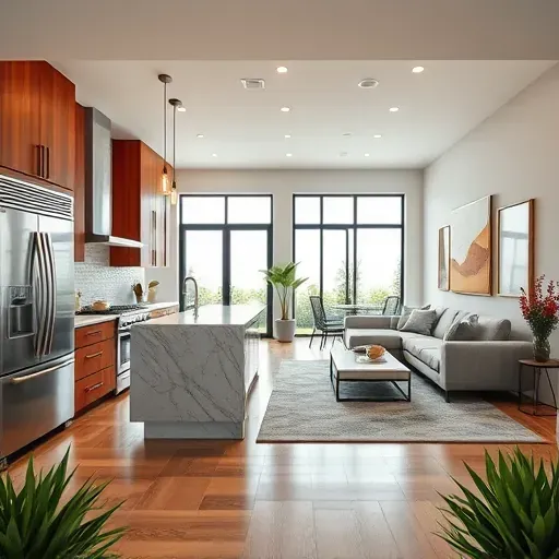 Modern kitchen and living area remodel in Westminster CA featuring high-end appliances, rich cabinetry, and stylish decor.