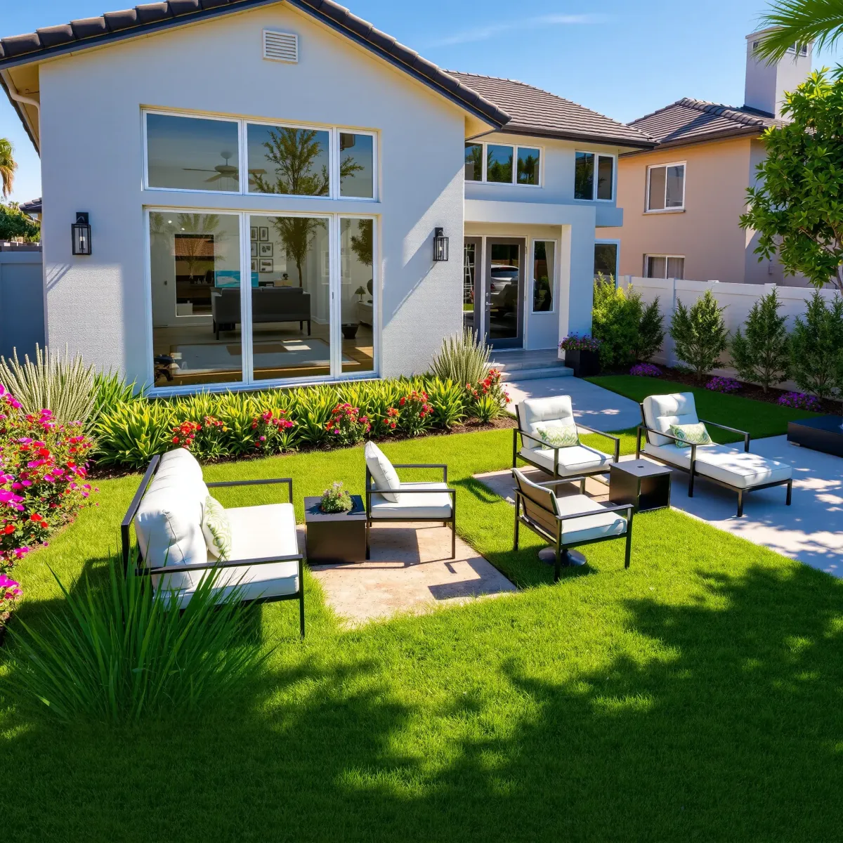 Completed modern home remodel in Los Alamitos, CA showcasing stylish exterior, lush landscaping, and upgraded backyard with elegant outdoor living spaces.