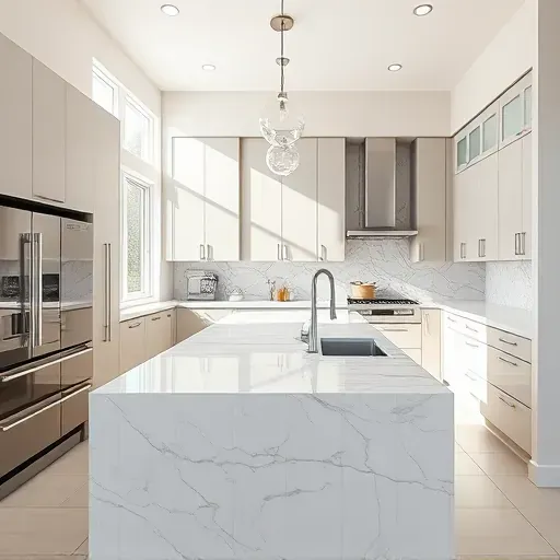 Modern kitchen in Costa Mesa with sleek matte cabinets, marble countertops, stainless steel appliances, and pendant lighting