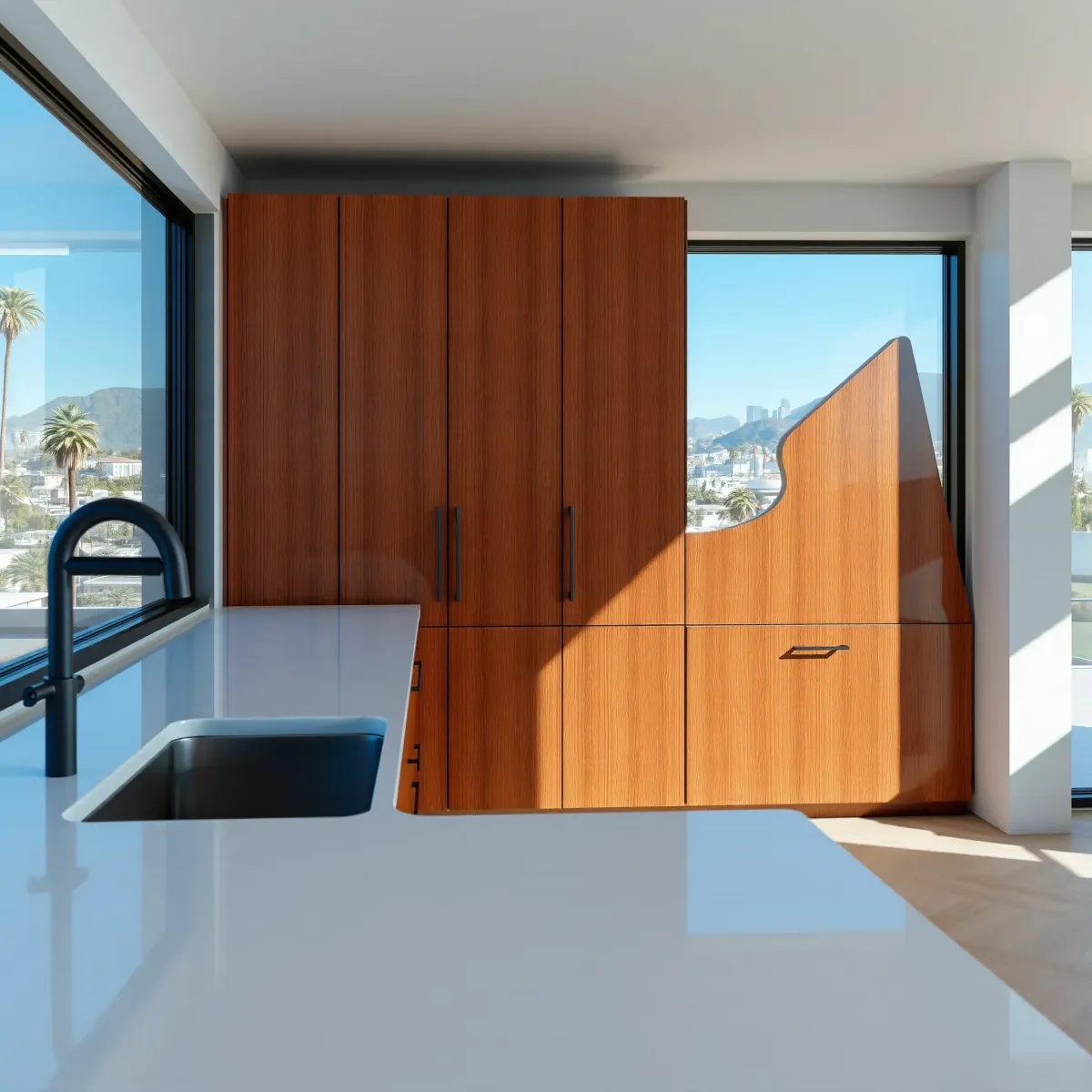 Modern LA kitchen with warm wood cabinets, quartz countertops, city views, palm trees, and natural sunlight.