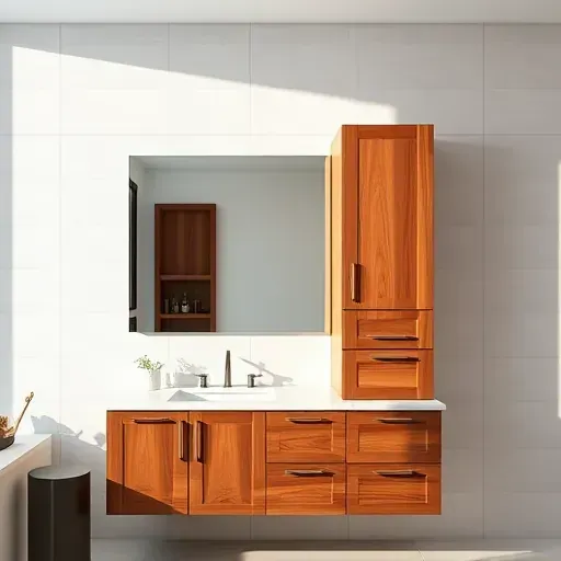 Custom modern LA bathroom with high-quality wood cabinet, marble countertop, minimal fixtures, and natural light reflections