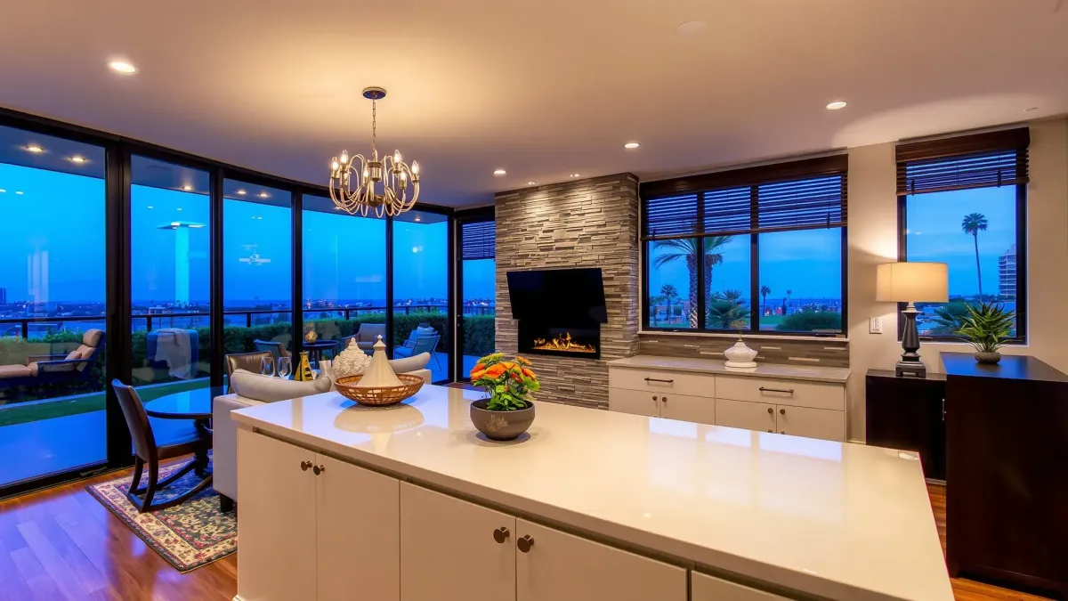 Beautiful remodeled South Coast Metro living room with large windows, modern furniture, hardwood floors, and open-concept kitchen.