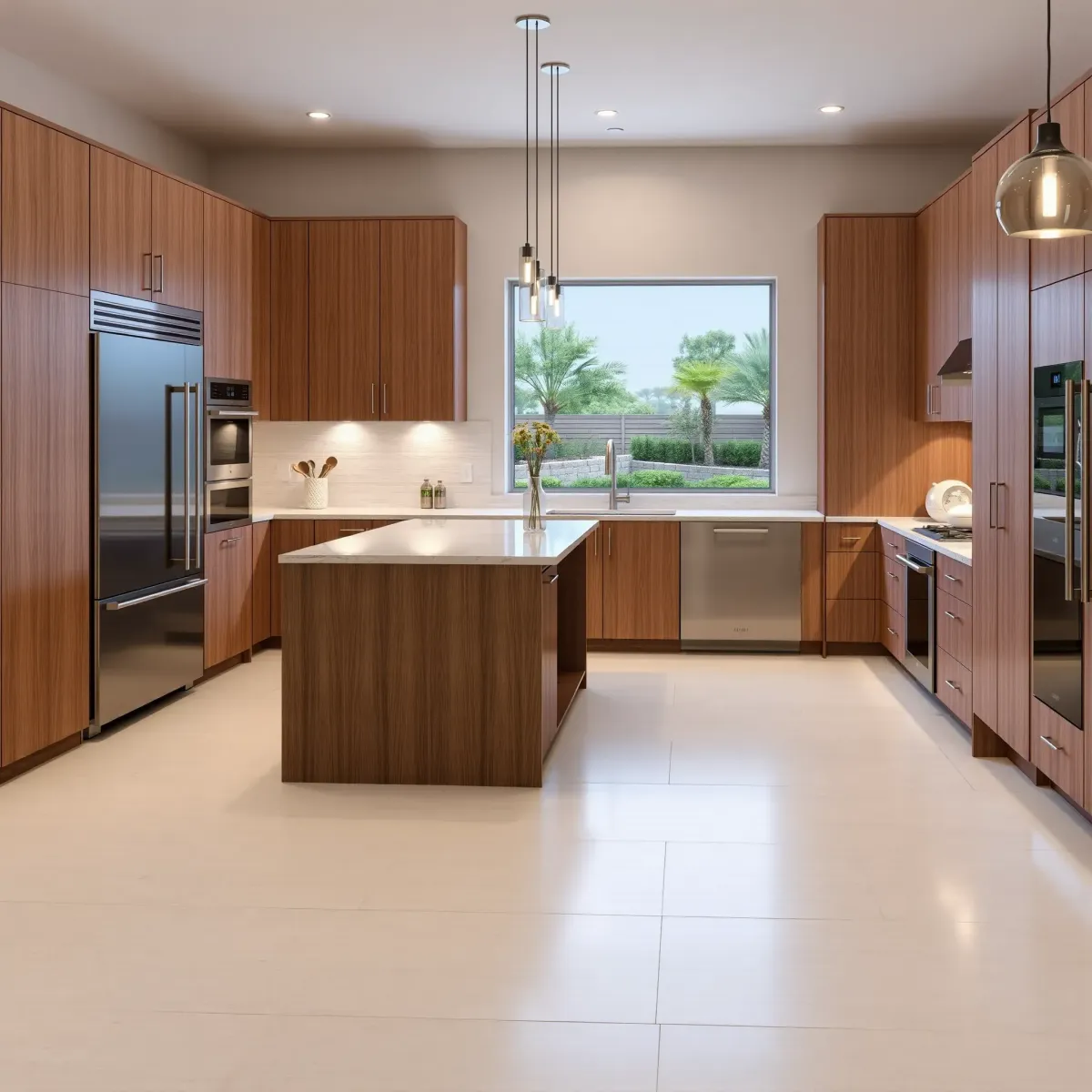 Remodeled Santa Anita Park kitchen with modern matte cabinetry, granite counters, stainless appliances, and lush garden views.