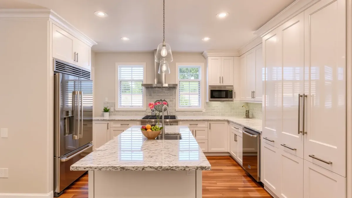 Renovated Laguna Beach kitchen with marble counters, wooden cabinets, ocean views, and coastal-inspired decor.