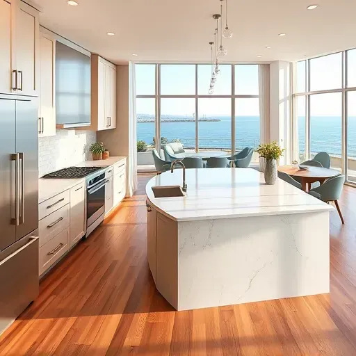 Completed modern kitchen renovation in Newport Beach with sleek matte cabinets, marble countertops, stainless appliances, hardwood flooring, and coastal views