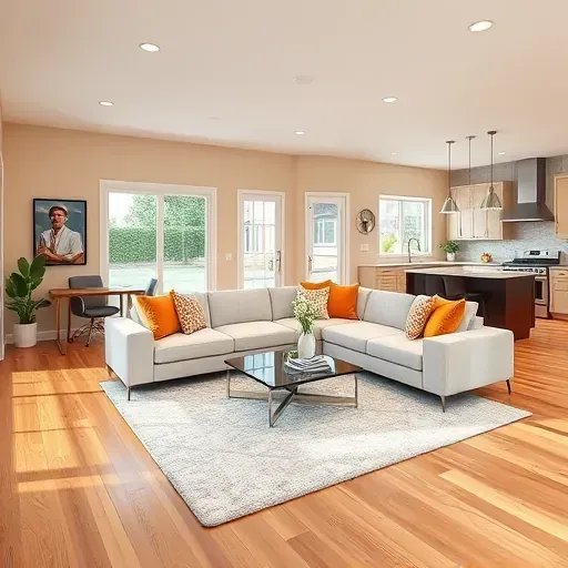 Modern remodeled living room in El Camino Real CA features hardwood floors, high ceilings, bright windows, and stylish decor.