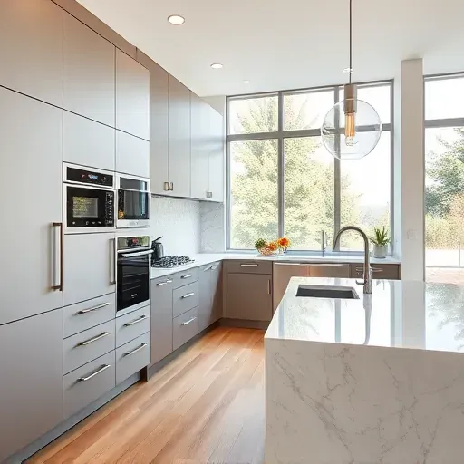 Renovated Northwood California kitchen with modern matte cabinets, quartz countertops, built-in appliances, pendant lighting, and hardwood floors