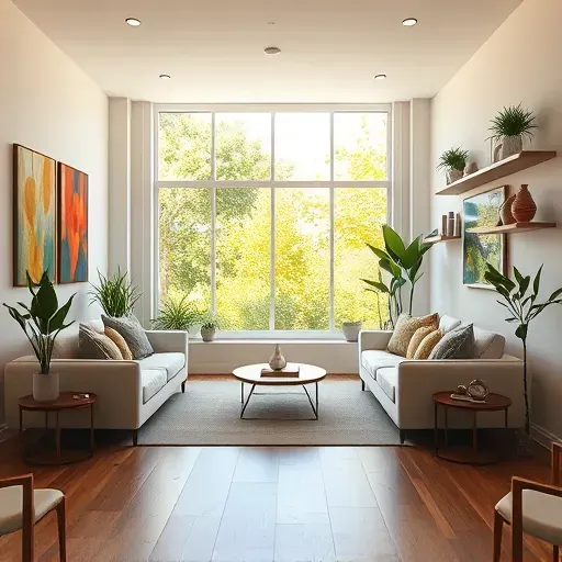 Modern living room in Floral Park CA with minimalist design, large windows, warm wooden flooring, and vibrant artwork.