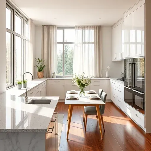 Modern kitchen remodel in Bristol Manor CA with custom cabinetry, granite countertops and a serene neutral color palette.