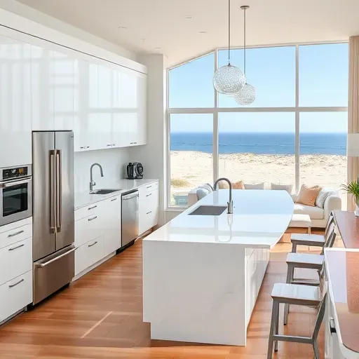 Remodeled Laguna Beach kitchen with white modern cabinets, marble countertops, ocean view, stainless steel appliances, hardwood floors and coastal decor