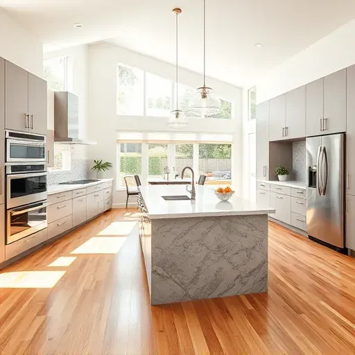 Modern renovated Aliso Viejo kitchen with sleek matte cabinets stainless steel appliances large granite island natural light hardwood floors and backyard view