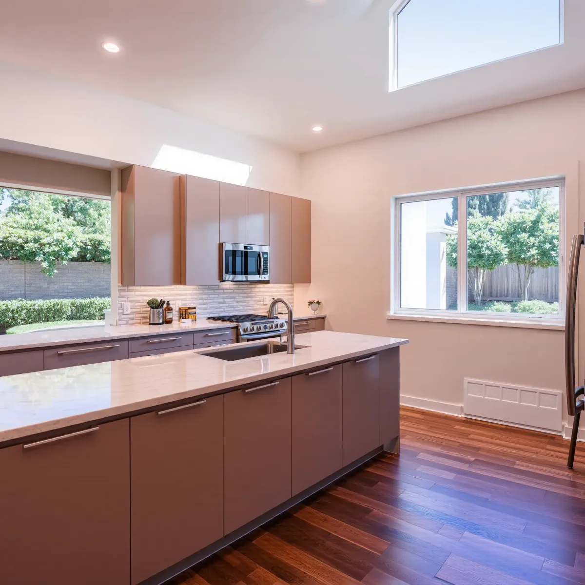 Modern North Tustin kitchen with sleek finishes, natural light, lush backyard views, and stylish island design.