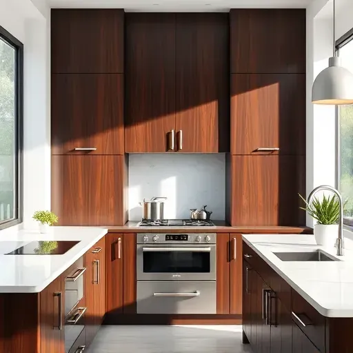 Refined dark espresso kitchen cabinets with glossy wooden surfaces, sleek countertops, stainless steel appliances, and natural lighting.