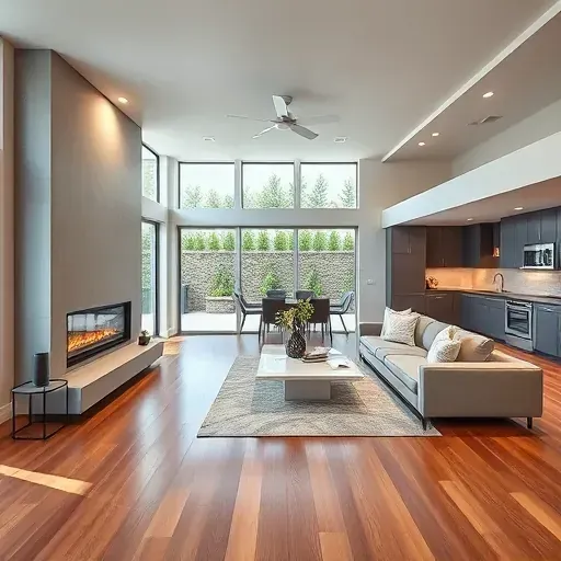 Modern living room remodel in Coto De Caza CA with open floor plan, custom fireplace, chic furniture, and hardwood flooring.