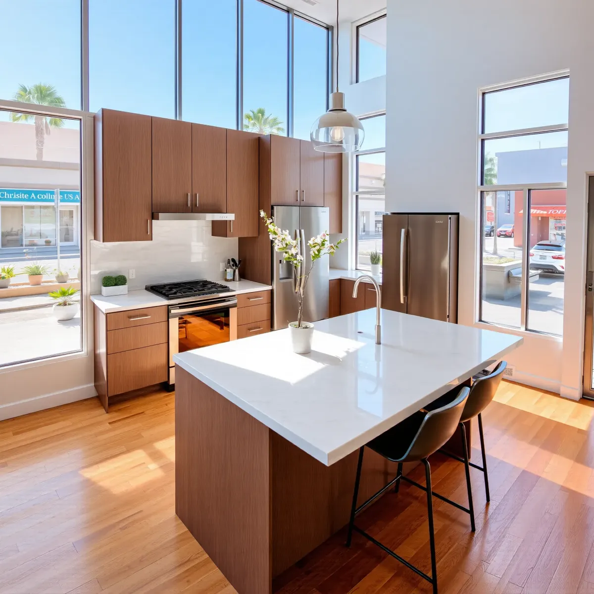 Remodeled Santa Ana kitchen with granite countertops, stainless steel appliances, warm wood cabinetry, and skyline views.