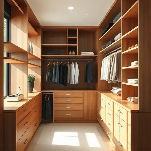 Organized Los Angeles closet with wooden shelves, sleek drawers, hanging clothes, natural light, and modern elegant design